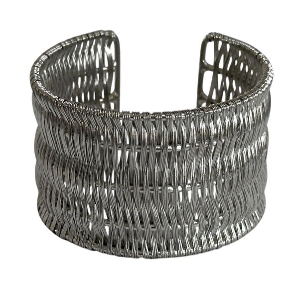 Cuff Bracelet Wide Statement Silver-tone Metal Basket Weave 2.5” - Picture 1 of 6